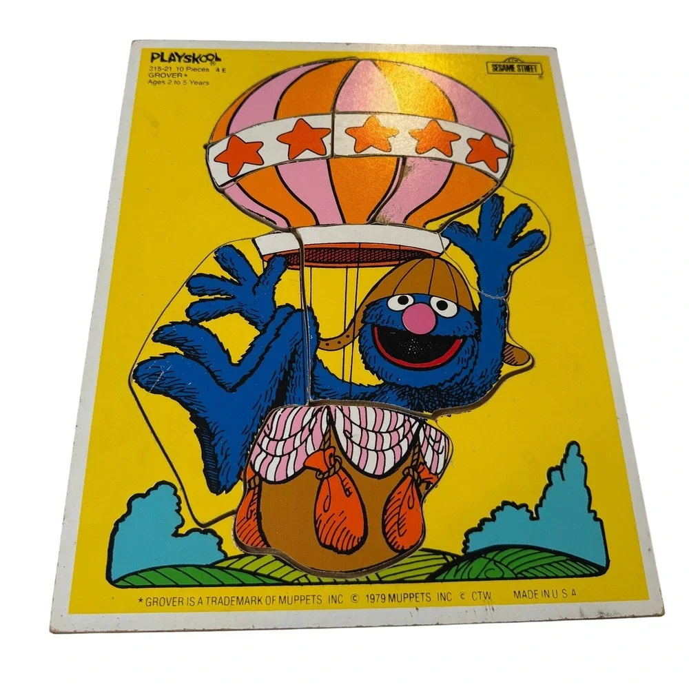 VTG Playskool Sesame Street Grover Hot Air Balloon Puzzle 10pc Frame Tray 315-21